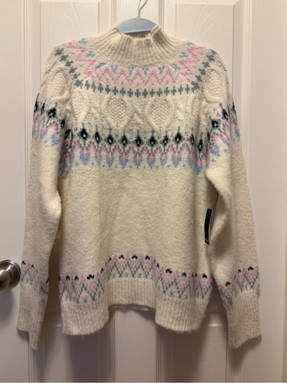 RD Style Cream Fair Isle Mock Neck Sweater with Pastel Pink and Blue Accents